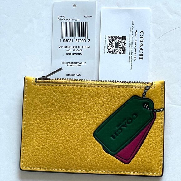 Coach Zip Card Case Wallet Yellow Pebbled Leather Slim Trompe L'oeil CH130 - Picture 3 of 6